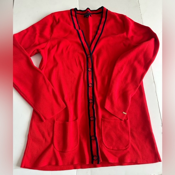 Tommy Hilfiger Cotton Cardigan Sweater Red w/Navy Trim Size XL - Picture 1 of 7